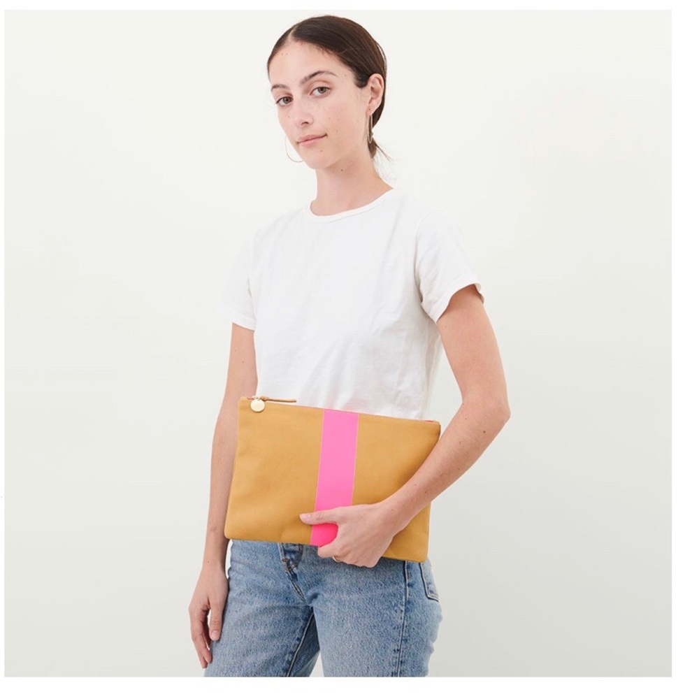 Clare V. Camel with Neon Pink Stripe Clutch